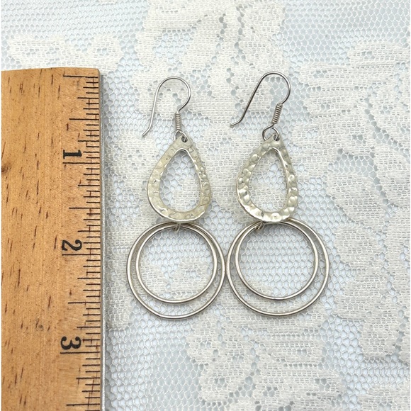 925 Sterling Silver Hammered Circle Double Dangle Earrings - Picture 12 of 13